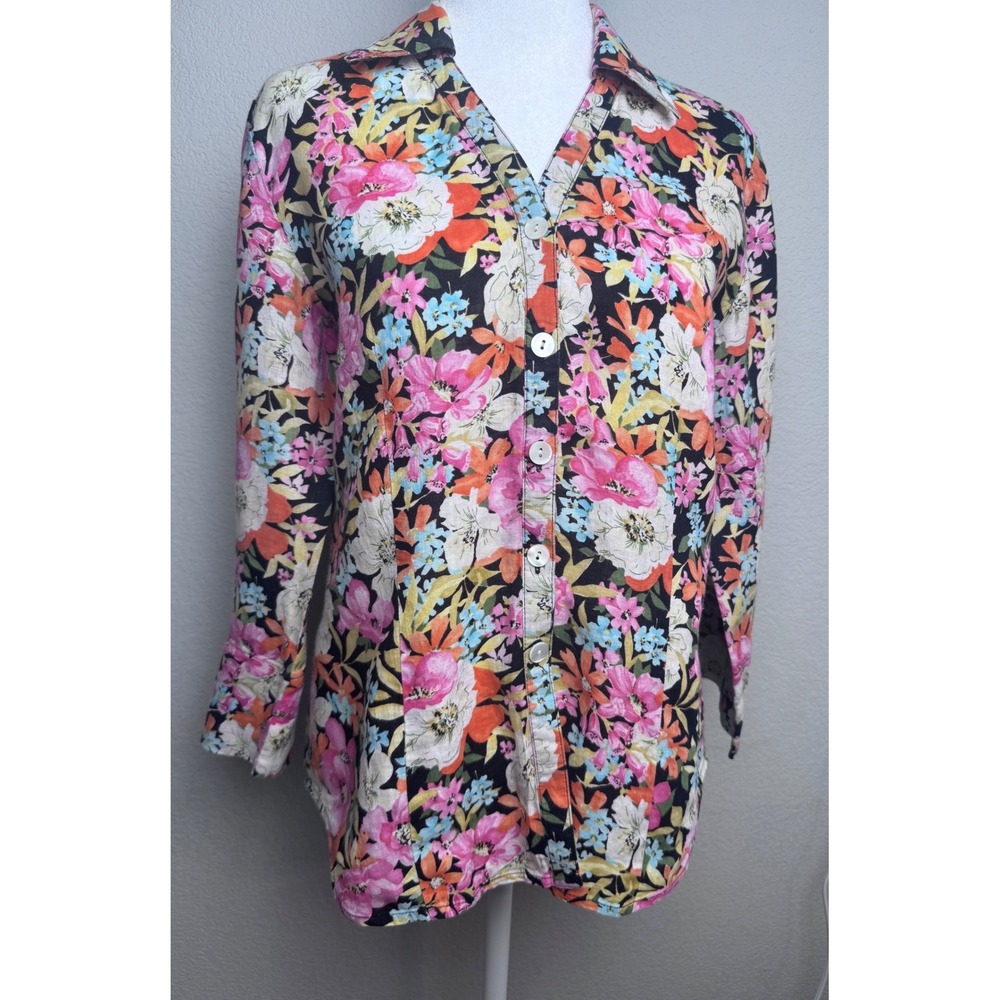 Talbots Womens Linen Floral Button Down Shirt Black Multi Color 3/4 Sleeve Sz 6